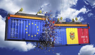 Avrupa Birliği ve Moldova bayraklı kargo konteynerleri - 3D illüstrasyon