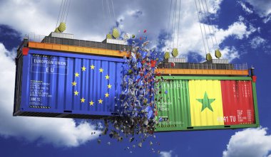 Avrupa Birliği ve Senegal bayraklı kargo konteynerleri - 3 boyutlu illüstrasyon