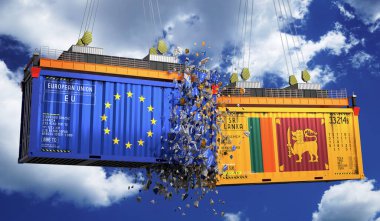 Avrupa Birliği ve Sri Lanka bayraklı kargo konteynerleri - 3 boyutlu illüstrasyon