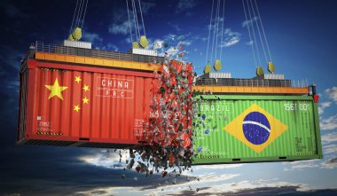 Çin ve Brezilya bayraklı kargo konteynerleri - 3 boyutlu illüstrasyon