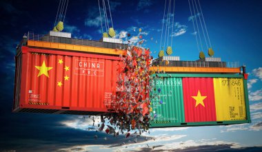 Çin ve Kamerun bayraklı kargo konteynerleri - 3 boyutlu illüstrasyon