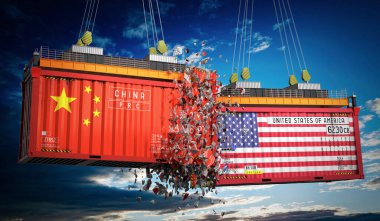 Çin ve ABD bayraklı kargo konteynerleri - 3 boyutlu illüstrasyon