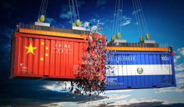 Çin ve El Salvador 'un bayraklı kargo konteynerleri - 3 boyutlu illüstrasyon