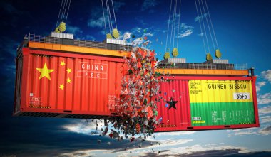 Çin ve Gine Bissau bayraklı kargo konteynerleri - 3 boyutlu illüstrasyon