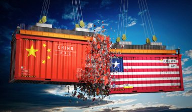 Çin ve Liberya bayraklı kargo konteynerleri - 3 boyutlu illüstrasyon