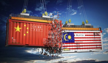 Çin ve Malezya bayraklı kargo konteynerleri - 3 boyutlu illüstrasyon