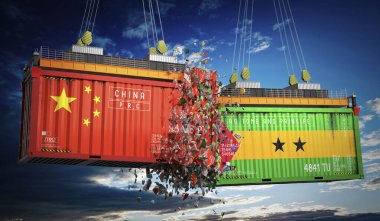 Çin ve Sao Tome ve Principe bayraklı kargo konteynerleri - 3 boyutlu illüstrasyon