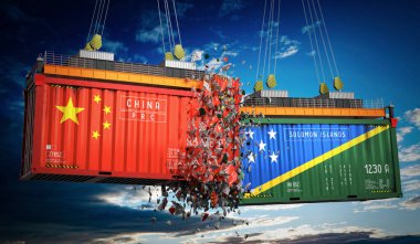 Çin ve Solomon Adaları bayraklı kargo konteynerleri - 3 boyutlu illüstrasyon