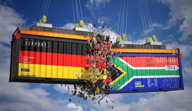 Almanya ve Güney Afrika bayraklı kargo konteynerleri - 3 boyutlu illüstrasyon