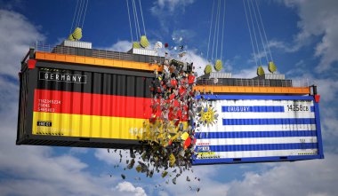 Almanya ve Uruguay bayraklı kargo konteynerleri - 3 boyutlu illüstrasyon