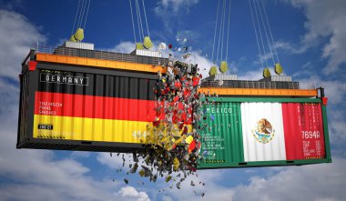 Almanya ve Meksika bayraklı kargo konteynerleri - 3 boyutlu illüstrasyon