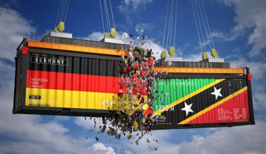 Almanya, Saint Kitts ve Nevis 'in bayraklarıyla dolu kargo konteynerleri - 3 boyutlu illüstrasyon