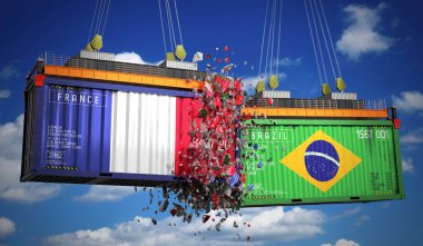 Fransa ve Brezilya bayraklı kargo konteynerleri - 3D illüstrasyon