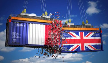 Fransa ve Birleşik Krallık bayraklı kargo konteynerleri - 3D illüstrasyon