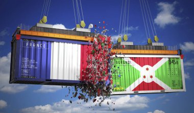 Fransa ve Burundi bayraklı kargo konteynerleri - 3 boyutlu illüstrasyon