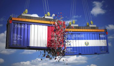 Üzerinde Fransa ve El Salvador bayrakları olan kargo konteynerleri - 3 boyutlu illüstrasyon