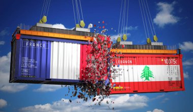 Üzerinde Fransa ve Lübnan bayrakları olan kargo konteynerleri - 3 boyutlu illüstrasyon