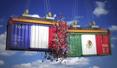 Üzerinde Fransa ve Meksika bayrakları olan kargo konteynerleri - 3D illüstrasyon