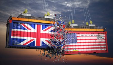 Birleşik Krallık ve ABD bayraklı kargo konteynerleri - 3D illüstrasyon