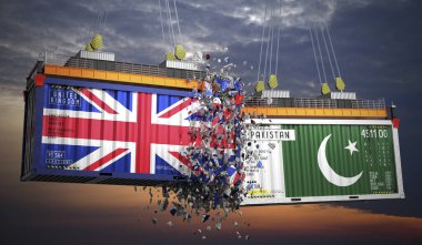 Birleşik Krallık ve Pakistan bayraklı kargo konteynerleri - 3 boyutlu illüstrasyon