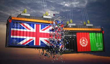 Birleşik Krallık ve Afganistan bayraklı kargo konteynerleri - 3 boyutlu illüstrasyon
