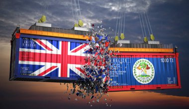 Birleşik Krallık ve Belize bayraklı kargo konteynerleri - 3 boyutlu illüstrasyon