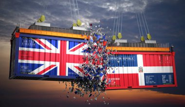 Birleşik Krallık ve Dominik Cumhuriyeti bayraklı kargo konteynerleri - 3 boyutlu illüstrasyon