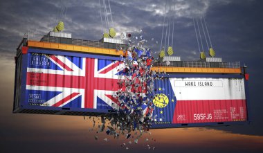 Birleşik Krallık ve Wake Adası bayraklı kargo konteynerleri - 3 boyutlu illüstrasyon