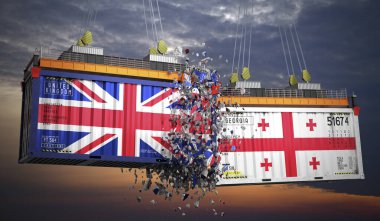 Birleşik Krallık ve Gürcistan bayraklı kargo konteynerleri - 3D illüstrasyon