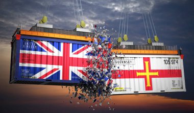 Birleşik Krallık ve Guernsey bayraklı kargo konteynerleri - 3 boyutlu illüstrasyon