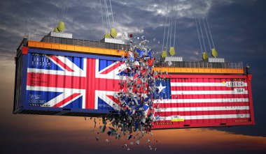 Birleşik Krallık ve Liberya bayraklı kargo konteynerleri - 3 boyutlu illüstrasyon