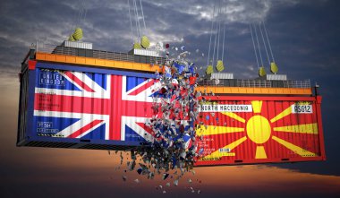 Birleşik Krallık ve Kuzey Makedonya bayraklı kargo konteynerleri - 3D illüstrasyon