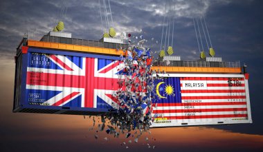 Birleşik Krallık ve Malezya bayraklı kargo konteynerleri - 3 boyutlu illüstrasyon