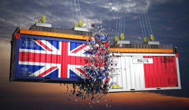 Birleşik Krallık ve Malta bayraklı kargo konteynerleri - 3 boyutlu illüstrasyon