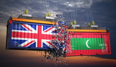 Birleşik Krallık ve Maldivler bayraklı kargo konteynerleri - 3 boyutlu illüstrasyon