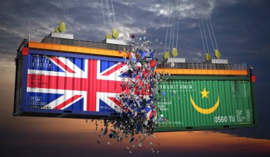 Birleşik Krallık ve Moritanya bayraklı kargo konteynerleri - 3 boyutlu illüstrasyon