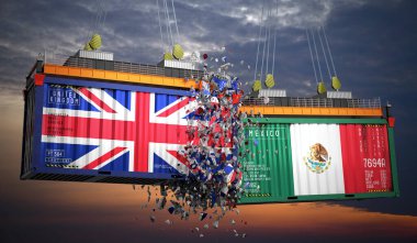 Birleşik Krallık ve Meksika bayraklı kargo konteynerleri - 3 boyutlu illüstrasyon