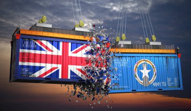 Birleşik Krallık ve Kuzey Mariana Adaları bayraklı kargo konteynerleri - 3D illüstrasyon