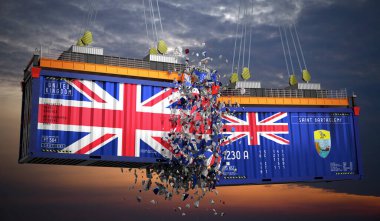 Birleşik Krallık ve Saint Barthelemy bayraklı kargo konteynerleri - 3 boyutlu illüstrasyon