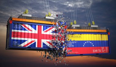 Birleşik Krallık ve Venezuela bayraklı kargo konteynerleri - 3 boyutlu illüstrasyon