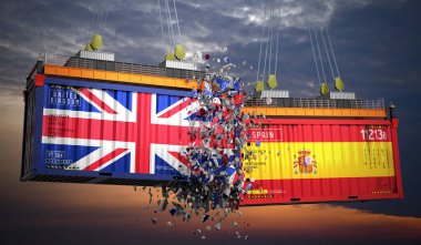 Birleşik Krallık ve İspanya bayraklı kargo konteynerleri - 3 boyutlu illüstrasyon