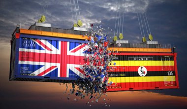 Birleşik Krallık ve Uganda bayraklı kargo konteynerleri - 3 boyutlu illüstrasyon