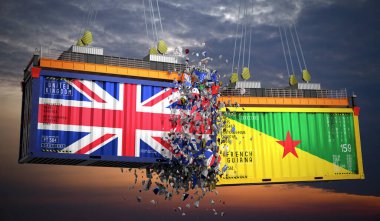 Üzerinde Birleşik Krallık ve Fransız Guyanası bayrakları olan kargo konteynerleri - 3 boyutlu illüstrasyon