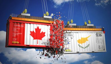 Kanada ve Kıbrıs bayraklı kargo konteynerleri - 3D illüstrasyon