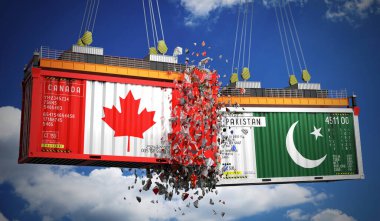 Kanada ve Pakistan bayraklı kargo konteynerleri - 3 boyutlu illüstrasyon