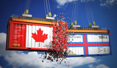 Kanada ve Faroe Adaları bayraklı kargo konteynerleri - 3D illüstrasyon