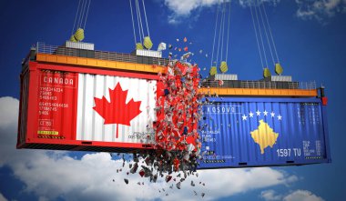 Kanada ve Kosova bayraklı kargo konteynerleri - 3D illüstrasyon