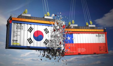 Güney Kore ve Şili bayraklı kargo konteynerleri - 3 boyutlu illüstrasyon