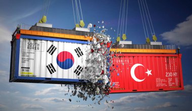 Güney Kore ve Türkiye bayraklı kargo konteynerleri - 3D illüstrasyon