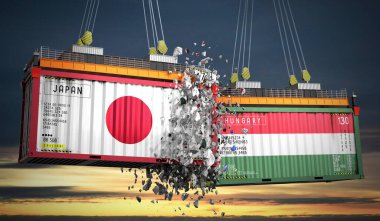 Japonya ve Macaristan bayraklı kargo konteynerleri - 3 boyutlu illüstrasyon